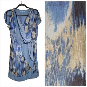 Antonio Melani Blue Silk Faux Wrap Frilly Layered Flutter Dress – Wedding Guest